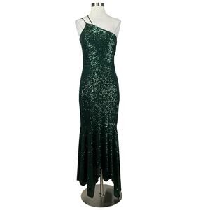Green Sequined One Shoulder High Low Midi Sheath Cocktail Dress Size 8 by AQUA